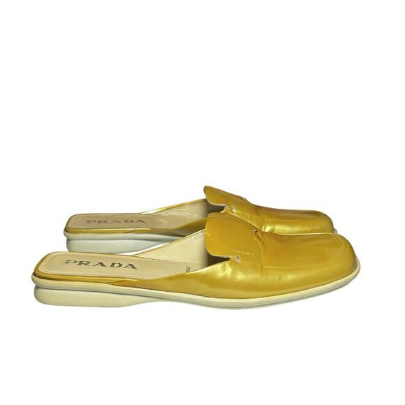 PRADA Gold Patent Logo Slip On Mules Loafers Flats Size 39 - Picture 3 of 6